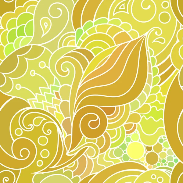 Patrón textil amarillo estilo boho con ondas y rizos. Estilo oriental colorido zentangle fondo sin costuras . — Vector de stock