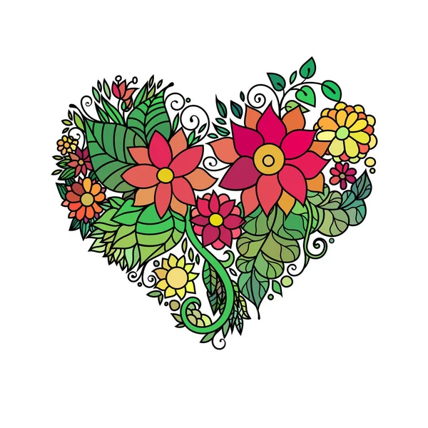 Поздравительная открытка с красочным цветочным наброском цветочного сердца. Векторная иллюстрация сердца с цветами и листьями . — стоковый вектор