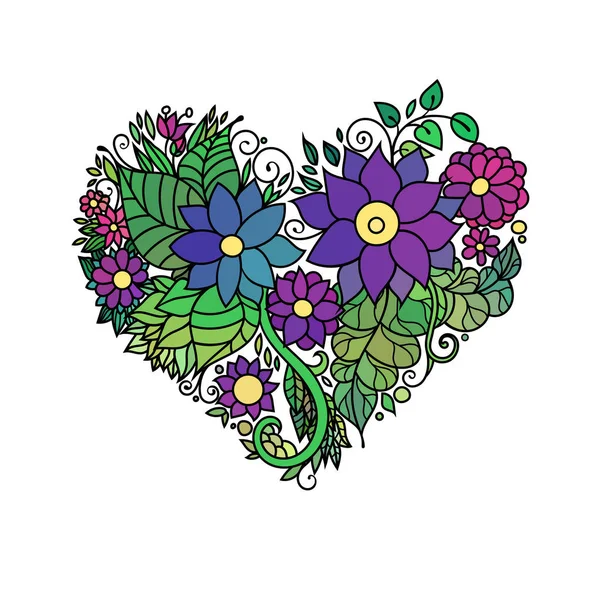 Cartão decorativo de saudação de São Valentim com desenho colorido do coração floral zentangle. Ilustração do coração vetorial com padrão de flores e folhas . — Vetor de Stock