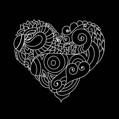 Renkli zentangle çiçek kalp kroki ile süs St.Valentines tebrik kartı. Vektör kalp çizim çiçek ve yaprak desenli.