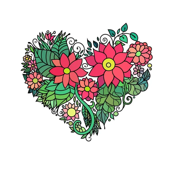 Koriste St.Valentines onnittelukortti värikäs zentangle kukka sydän luonnos. Vektori sydän kuvitus kukkia ja lehtiä kuvio . — vektorikuva