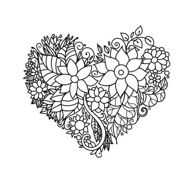 Renkli zentangle çiçek kalp kroki ile süs St.Valentines tebrik kartı. Vektör kalp çizim çiçek ve yaprak desenli.