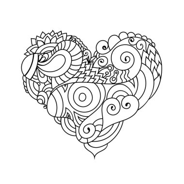 Süs St.Valentines tebrik kartı renkli zentangle ile kalp kroki doodle. Etnik kabile dalgalı vektör kalp çizim.