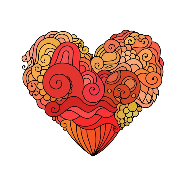 Ornamental St.Valentines greeting card with red zentangle doodle heart sketch. Ethnic tribal vector heart illustration with waves and spirals pattern. — Stock Vector