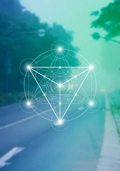 Merkaba sacred geometry spiritual new age futuristic illustration with interlocking circles, triangles and glowing particles in front of blurry natural photographic background — Stock Vector