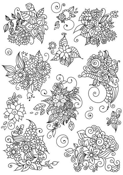 Zentangle Вдохновил Цветочные Раскраски Книги Украшения Цветами Листьями Белом — стоковый вектор