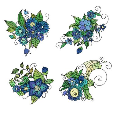 Zentangle beyaz arkaplanda renkli dövme stili çiçek resimlerinden esinlenmiştir..