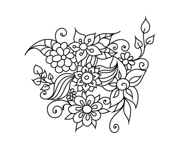 Zentangle Inspirado Ornamento Livro Colorir Floral Com Flores Folhas Branco — Vetor de Stock