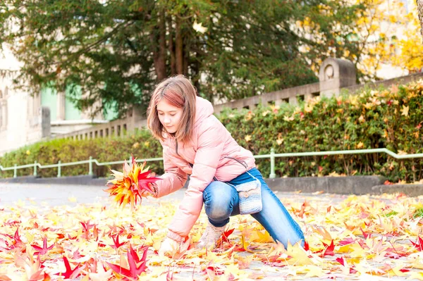 Junges Teenager-Mädchen im Herbst Park Blätter pflücken. Herbstzeit. — Stockfoto