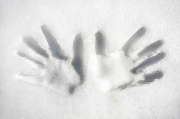 Impresión de dos manos / palmas en la superficie de nieve blanca. Imagen exterior —  Fotos de Stock