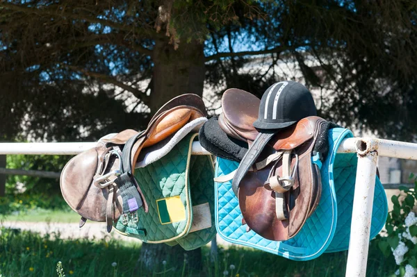 Equestrian sport equipment and accessories hanging on fence — Stock Photo, Image