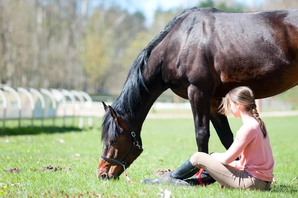 Cavalo castanho pastando perto de seu proprietário - jovem adolescente — Fotografia de Stock