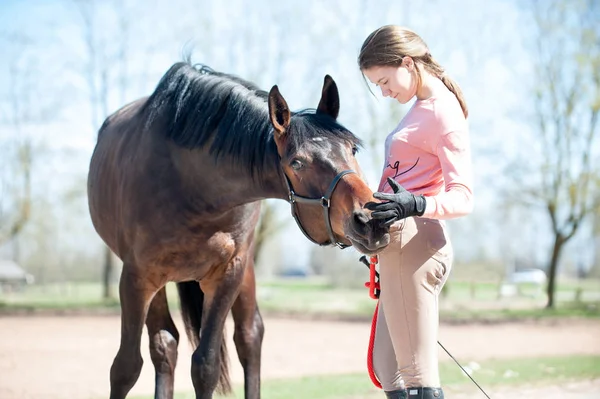 A legjobb barátom. Fiatal tizenéves lány az ő kedvenc ló. — Stock Fotó