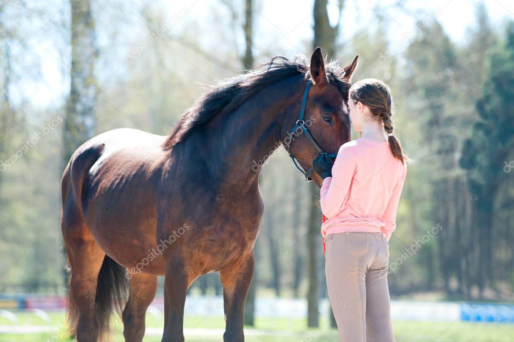 Young teenage girl standing with her favorite chestnut horse. 