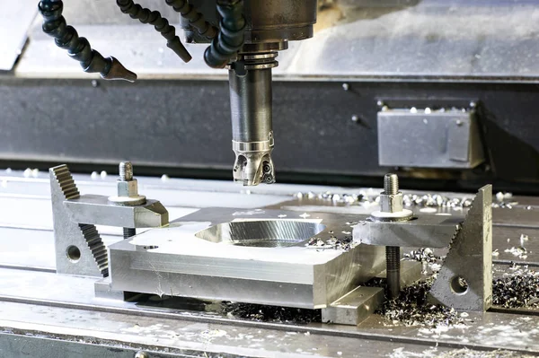 Precision industrial CNC machining of metal detail by mill at fa — Stock Photo, Image