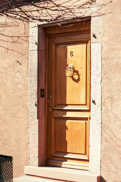 Puerta antigua de madera de estilo clásico francés con golpe de hierro vintage — Foto de Stock
