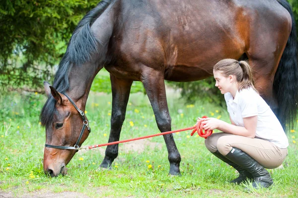 Jonge tienermeisje eigenaar teder kijken naar haar favoriete paard — Stockfoto