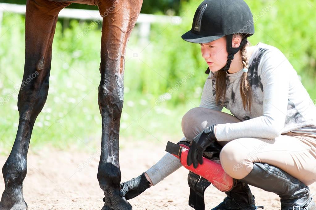 Teenage equestrian girl checking for injury of bay horse leg