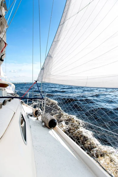 Vit sailing yacht med en hastighet simmar iland — Stockfoto
