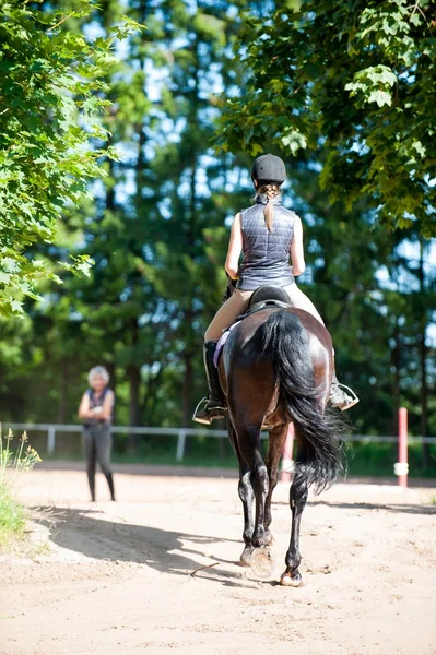 Uma jovem montada a cavalo na escola equestre. Processo de formação — Fotografia de Stock