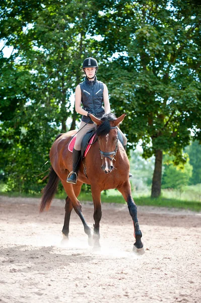 Junge Reiterin auf einem Pferd in der Reitschule. Trainingsprozess — Stockfoto