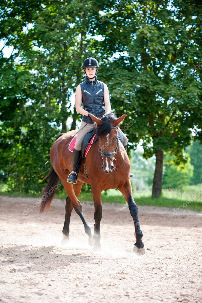 Young lady riding a horse at equestrian school. Training process