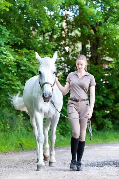 Mladé teenagerky blondy vede její oblíbený bílý kůň. — Stock fotografie