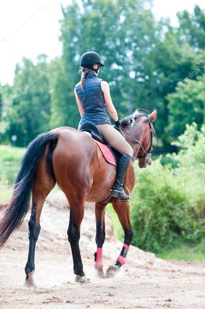 Young lady riding a horse in forest. Training process