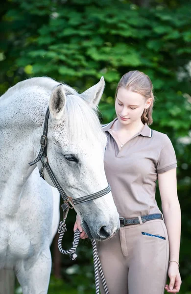 Hübsche junge Teenager-Mädchen führt weißes Pferd — Stockfoto