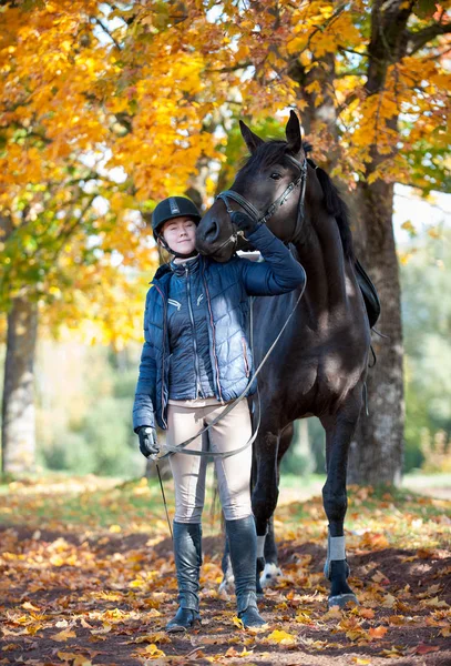 Kasztanowy koń sięgający po buziaka od nastoletniego trenera — Zdjęcie stockowe