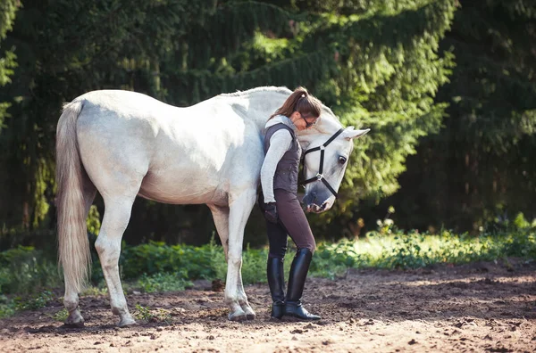 Treinadora Alegre Com Seu Cavalo Branco Favorito Imagem Verão Horizontal — Fotografia de Stock