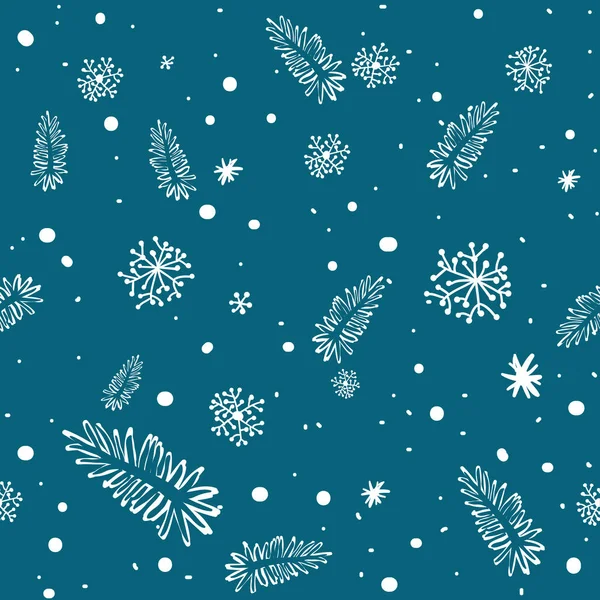 Sömlös doodle med snöflingor och grenar — Stock vektor