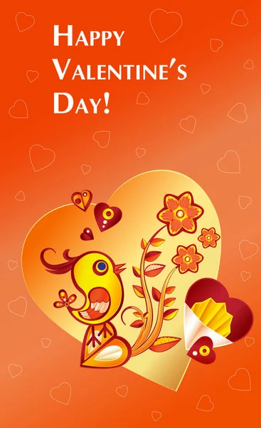 Ilustración de San Valentín de papel con pollo, flores y corazón — Vector de stock