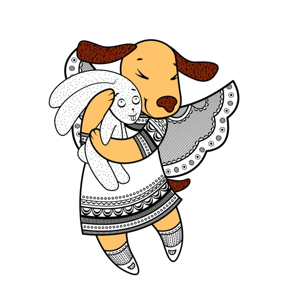 Charmant chien aux ailes en beaux vêtements avec un lapin en peluche dans les pattes . — Image vectorielle
