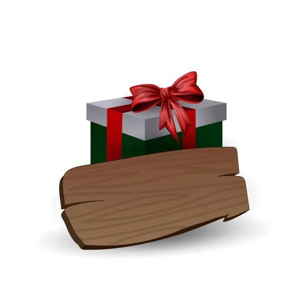 Urlaub grüne Geschenkschachtel mit Bogen und Holzbrett für Beschriftungen — Stockvektor