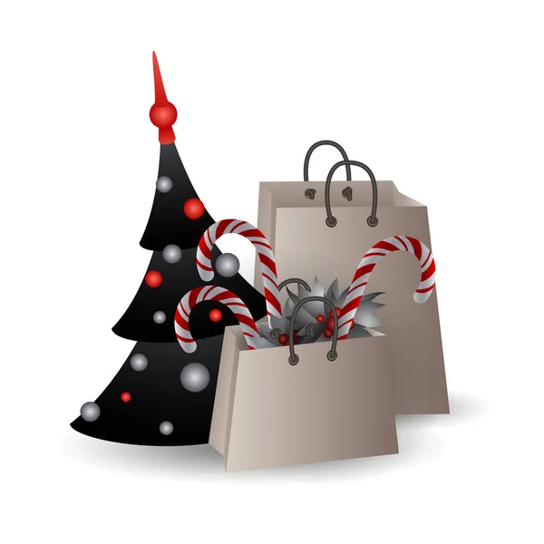 Noel ağacı, dallı hediye paketleri ve beyaz arka planda şekerlemeler.. — Stok Vektör