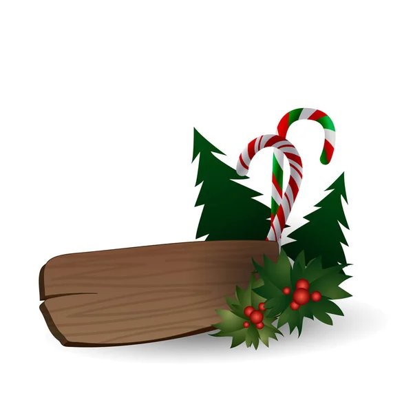 Noel ağacı, tatlılar ve beyaz arka planda ahşap tahta ile şenlikli kompozisyon. — Stok Vektör
