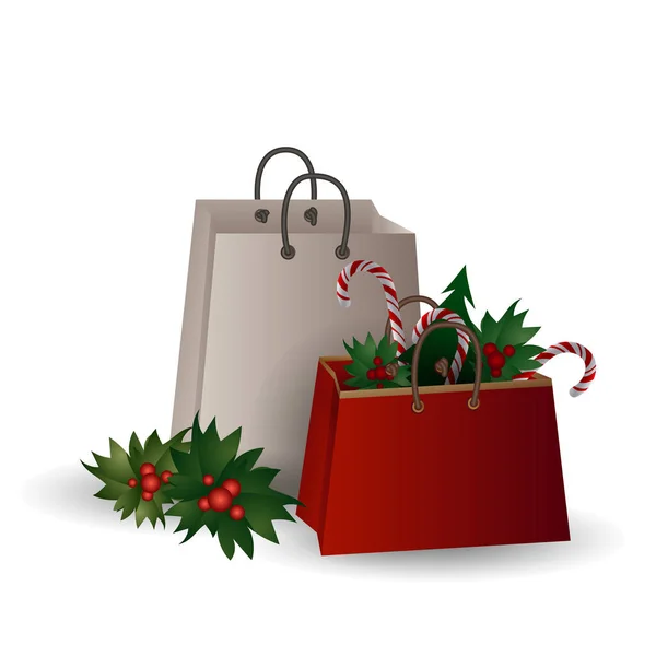 Slavnostní kompozice s větvemi vánočních stromků a bonbóny v dárkovém sáčku na bílém pozadí. — Stockový vektor