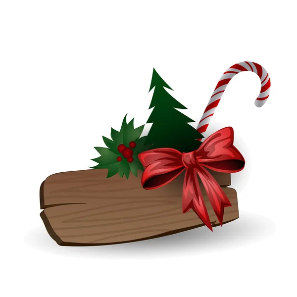 Slavnostní kompozice s vánočním stromečkem, sladkostmi a dřevěnou deskou na bílém pozadí. — Stockový vektor