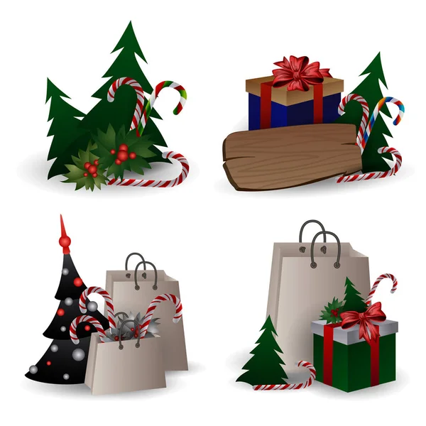 Sada slavnostní kompozice s větvemi vánočního stromku v dárkovém sáčku a krabicemi s luky na bílém pozadí. — Stockový vektor