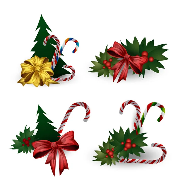 Zestaw świątecznej kompozycji z gałęziami choinkowymi z kokardkami na białym tle. — Wektor stockowy