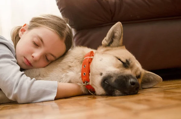 Милая Маленькая Девочка Собакой Лежащей Полу — стоковое фото