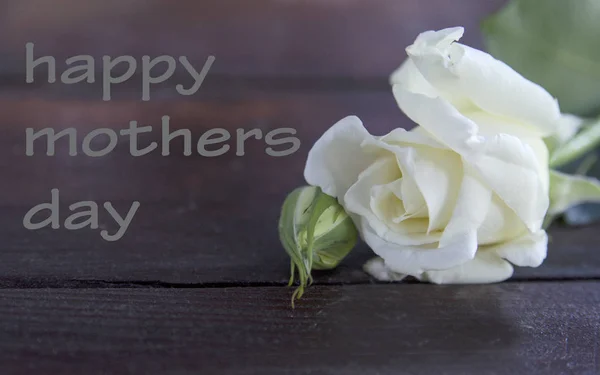 Tahta bir masanın üzerinde bir buket beyaz gülle anneler günü tebrik kartı