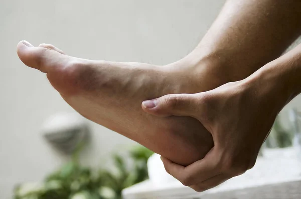 Painful Man Ankle Hand Ligament Massage — Stock Photo, Image