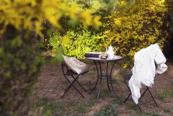 Tafel Met Stoelen Bloemen Tuin — Stockfoto