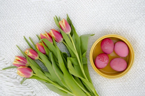 Tulpen Bloemen Met Paaseieren Happy Easter Concept Stockfoto