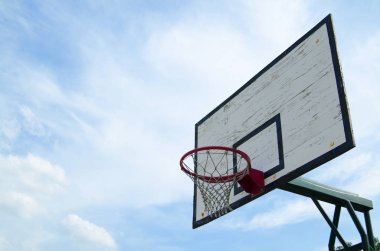Basketball hoop outdoor photo from bellow. Blue sky background with copy paste.
