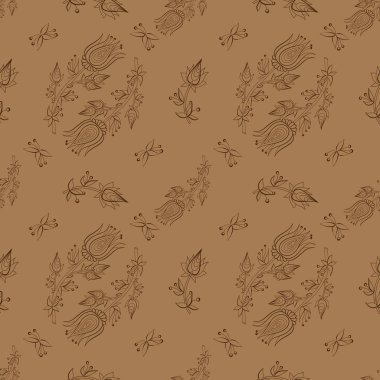 Kalamkari tarzında çiçekli Hint resminin elementleriyle kusursuz bir desen. Tekstil, hediyelik eşya ve hediyeler için kullanılabilir. Çiçek süsü.