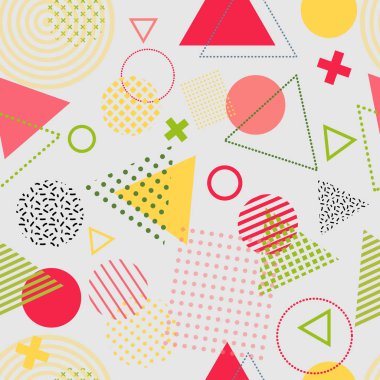 Basit geometrik şekillere sahip Memphis stili soyut dikişsiz desen.