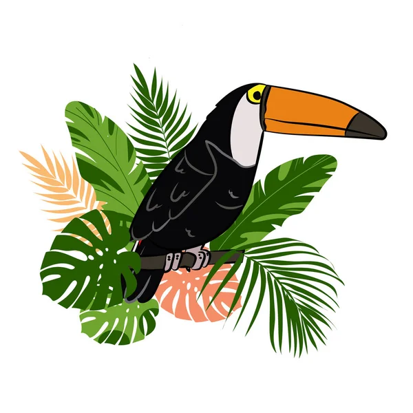 Ilustracja Tropikalnym Ptakiem Liśćmi Tropikalnymi Tukan Gałęzi Odizolowany Białym Tle — Wektor stockowy